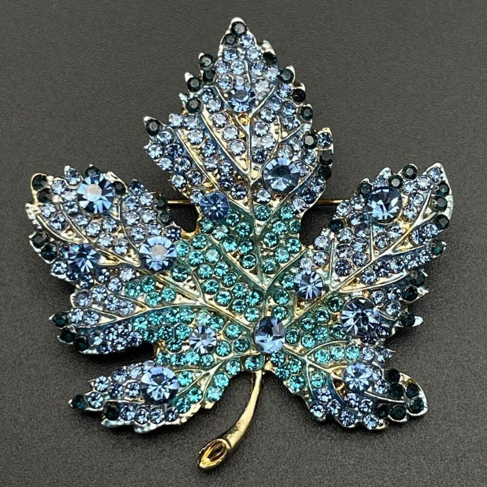 Yellow Gold with Blue Sapphire and Aquamarine Crystal Maple Leaf Pin Back Brooch